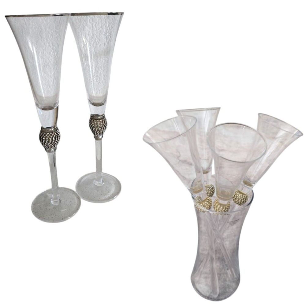 Vintage Champagne Flutes Set of 6 Gold Silver Beaded Stems Celebration Toast